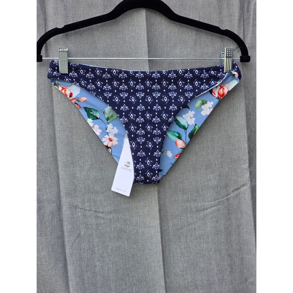 Cupshe Reversible Bikini Bottom Navy Damask Floral Light Blue AB10652M Small
